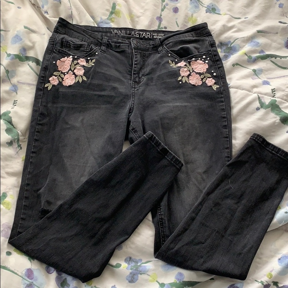 embroidered black ripped jeans